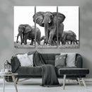 Black White Elephant Family Wall Art Canvas Print