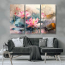 Lotus Flower Wall Art | 3-Panel Giclee Canvas Print of Pink