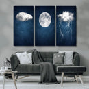 Dark Blue Cloud Art, 3 Piece Indigo Blue Wall Art, Aesthetic