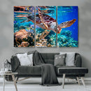 Underwater Coral Reef Sea Turtle Wall Art Canvas Print,