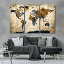 World Map Wall Art – Antique Style Blue and Brown Map Canvas
