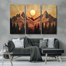 Wood Style Abstract Mountain Sunset Canvas Wall Art Print -