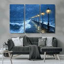 Stormy Ocean Pier Lights Canvas Wall Art Print - Large Moody