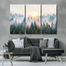 Misty Pine Forest Wall Art Canvas, Sunrise Over Foggy Trees