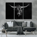 Texas Longhorn Wall Art Canvas Print – Framed Monochrome