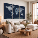 Blue Detailed World Map Wall Art Canvas Print, Modern Framed