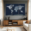 Blue Detailed World Map Wall Art Canvas Print, Modern Framed