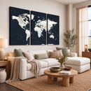 Black World Map Wall Art Canvas Print for Home Office and