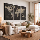 World Map Canvas Wall Art Dark Charcoal Antique Tan Detailed