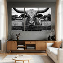 Black White Texas Longhorn Bull Canvas Wall Art, Western Ranch Cattle Photography Print, Rustic Farmhouse Cowboy Decor Artwork