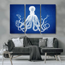 Large 3-Panel Blue Octopus Canvas Wall Art | Coastal Marine by MyGreatCanvas | Canvas Wall Art Prints | Photo Prints & Wall Decor