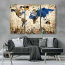 World Map Canvas Print – Vintage Blue and Gold World Map