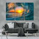 Ocean Wave Sunset Wall Art | Large Coastal Wave Canvas Print