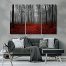Red Forest Floor Canvas Wall Art – Mystical Foggy Woodland