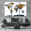 Modern Abstract World Map Canvas Wall Art – Framed Blue and