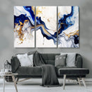 Golden Cascades on Midnight Blue – Deep Blue Abstract Wall