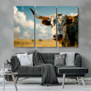 Longhorn in the Prairie - Stunning Ranch-Style Triptych Wall