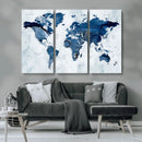 Modern Blue World Map Canvas Print – Framed Wall Art,