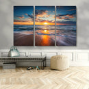 Sunset on the Ocean Beach with Waves, Reflections on Sand,