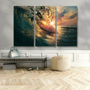 Ocean Wave Sunset Canvas Wall Art – Triptych Seascape Print