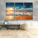 Golden Sunset Beach Triptych Canvas Art, Giclee Coastal Wall
