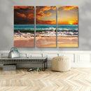 Golden Sunset Beach Canvas Wall Art – Triptych Seascape