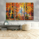 Autumn Red Forest Triptych Canvas Wall Art Print, Forest