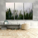 Misty Pine Forest Wall Art Canvas Print | 3 Panel Green