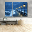 Stormy Ocean Pier Lights Canvas Wall Art Print - Large Moody