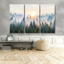 Misty Pine Forest Wall Art Canvas, Sunrise Over Foggy Trees