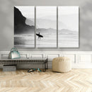 Surfer Beach Wall Art – Framed Black White Ocean Canvas
