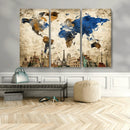 World Map Canvas Print – Vintage Blue and Gold World Map