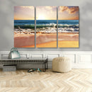 Sunset Beach Wall Art - 3-Panel Framed Canvas Print, Ready