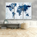 Modern Blue World Map Canvas Print – Framed Wall Art,