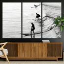 Surfers on Waves Wall Art Canvas Print – Framed Black and