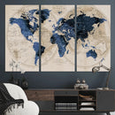 Vintage Blue World Map Canvas Wall Art – Antique Style