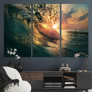 Ocean Wave Sunset Canvas Wall Art – Triptych Seascape Print
