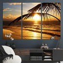 Golden Tropical Beach Sunset Canvas Triptych, Coastal Palm
