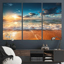 Golden Sunset Beach Triptych Canvas Art, Giclee Coastal Wall