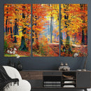 Autumn Red Forest Triptych Canvas Wall Art Print, Forest