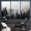 Foggy Black and White Forest Canvas Wall Art, 3 Panel Misty
