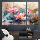 Lotus Flower Wall Art | 3-Panel Giclee Canvas Print of Pink