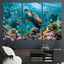 Sea Turtle and Coral Reef Triptych Wall Art – Vibrant