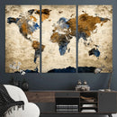 World Map Wall Art – Antique Style Blue and Brown Map Canvas