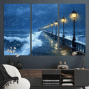 Stormy Ocean Pier Lights Canvas Wall Art Print - Large Moody