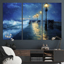 Storm Ocean Pier Canvas Wall Art Print - Large Moody Night