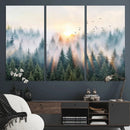 Misty Pine Forest Wall Art Canvas, Sunrise Over Foggy Trees