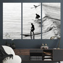 Surfers on Waves Wall Art Canvas Print – Framed Black and