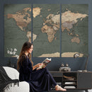 Rustic Black and Wood World Map Canvas Wall Art – Framed