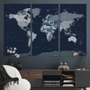 Blue Detailed World Map Wall Art Canvas Print, Modern Framed